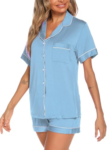 Image of Aamikast Button Up Pajama Set for Women Shorts Short Sleeve Knit Sleepwear 2 Pice Pjs Sets