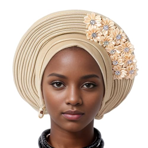HINAYOSAN Przesadny kwiat łatany turban kapelusz wielowarstwowy czepek kapelusz oddychający afrykański ślub opaska na głowę kobiety turban festiwal muzyczny, Jasne Złoto, Rozmiar uniwersalny