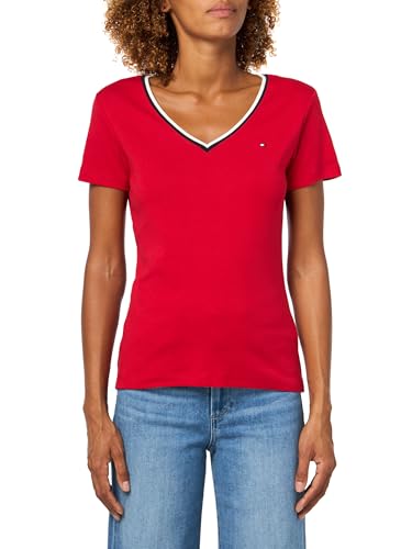 Tommy Hilfiger Womens Ribbed Slim V-Neck RWB T-Shirt, Primary RED Medium