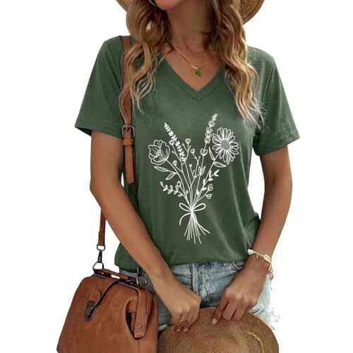 CJQCJQ Wildflower Bouquet Boho Tops for Women Casual Vintage Flowers V Neck Shirt-V1-Green,L