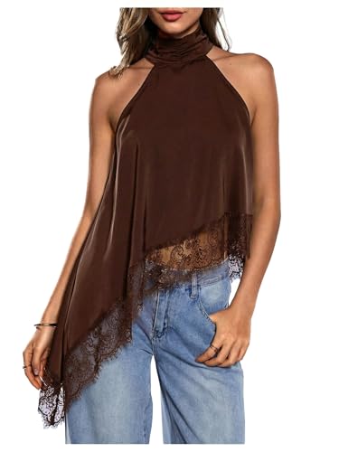 Milumia Women's Halter Neck Sleeveless Top Lace Asymmetrical Hem Summer Going Out Tank Tops Coffee Brown X-Small