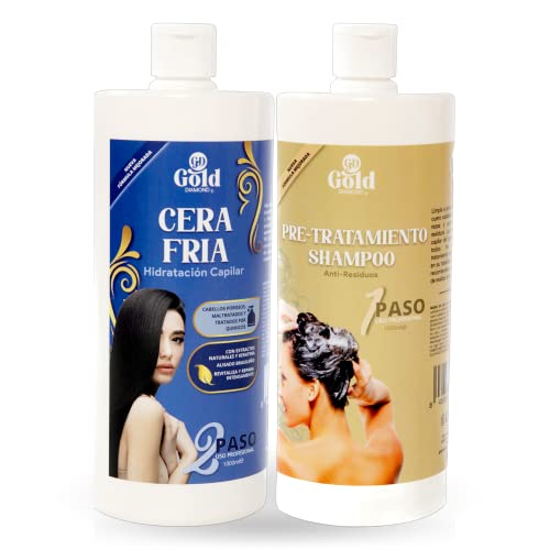 Gold DIAMOND – Kit Alisado Brasileño Cera Fría Sin Formol – Tratamiento de Keratina Profesional para Cabello Teñido, Poroso y Dañado – Hasta 6 Meses Sin Frizz (Kit Grande, 1000mL)