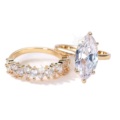 Gold-Tone Marquise CZ 2-Piece Ring Set for Women - Solitaire & Pave casual Stackable Band, Engagement Promise Statement Ring with comfortable daily wear, Valentine's Day Gift for Her, Size 6-12 (11)