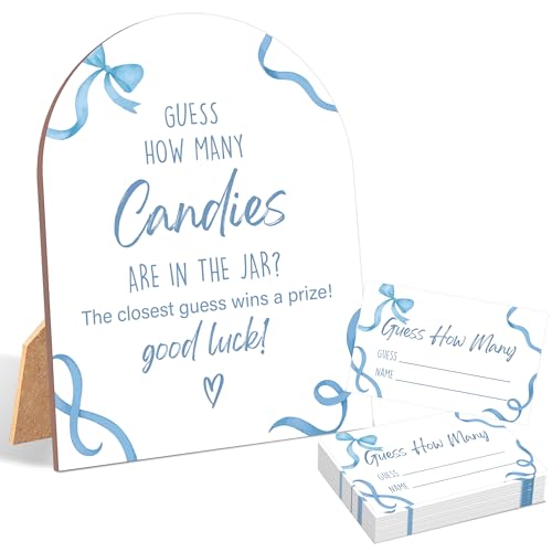 51 Pcs Blue Bow Guess How Many Candies Are in the Jar Game Blue Baby Shower Game 6x8 Inch Arch Wooden Sign with Stand and 50 Guessing Cards Gender Neutral Party Decoration - WF02