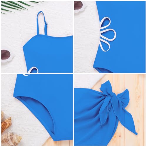 IBTOM CASTLE Kids Girls Swimsuit Adjustable Straps Swimwear Cutout One Piece Bathing Suit with Cover Up Skirt Royal Blue 15-16 Years — view 4