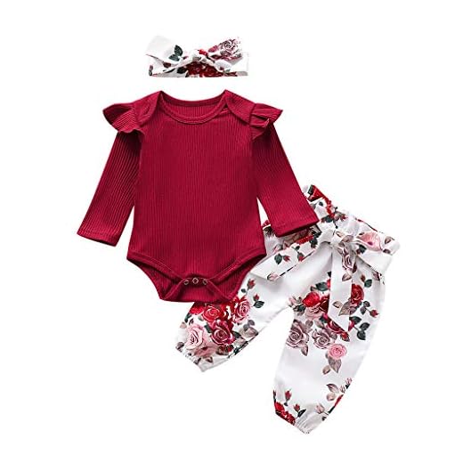 Body + calça floral feminina lisa + faixa de cabeça macaquinho para bebês roupas infantis com babados e conjunto de roupas para meninas, Vermelho, 12-18 meses