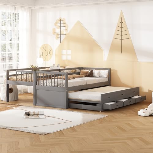NovaFurnish Litera de 90 x 200 cm, cuna, cama para niños y niñas, estructura de madera de pino y MDF con escalera y cama extraíble y 3 cajones, sin colchón (gris) - imagen 5