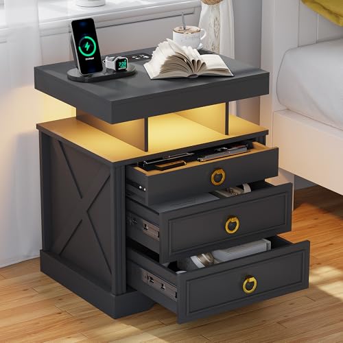 Image of HNEBC Night Stand Set 2 with Gun Drawers, Farmhouse Nightstand with Charging Station, Smart End Table with 3 Colors Auto Lights, Bedside tabel with Hidden Compartment,Bedroom Set (2-Black)