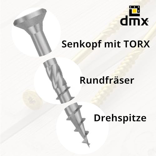DMX - Holzschrauben Torx - Spanplattenschrauben - Schrauben 4,0x80 - Konstruktionsschrauben - Schrauben set 100 Stück - Terrassenschrauben - Torx Set - Holzbauschrauben - Senkkopfschrauben Set
