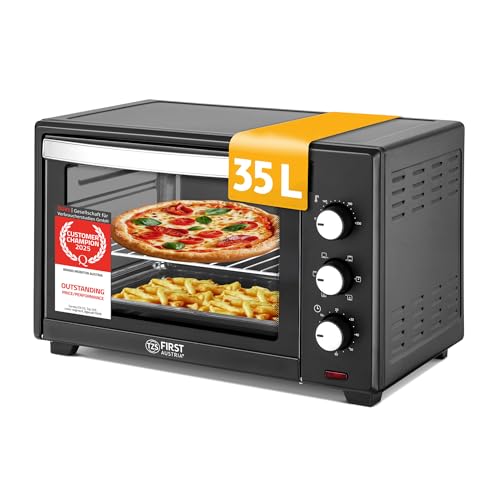 TZS First Austria - Mini Oven 35L 1600W - Small Pizza-Oven with stepless temperature control up to 230°C & non-stick coating - Baking-Oven with 60 min. timer, 3 rack levels, baking tray, grill rack