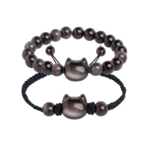 Black Obsidian Cat Bracelet and Moon Pendant Necklace Jewelry Set-Cat Lover Gifts,Wealth Attraction,Good Luck,Bead Bracelet,Mindfulness,Beaded Bracelets, Obsidian Pendant Necklace-Cute Gifts for Women (Black-Bead Cat Face-Strand Cat Face)