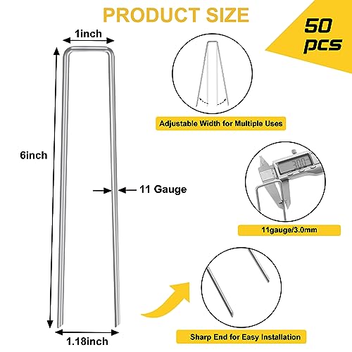 CEWOR Landscape Staples 50 Pack 6 Inches 11 Gauge Stakes, Galvanized Garden Stakes Landscaping Staples and SOD Pins Lawn Stakes for Weed Barrier Fabric