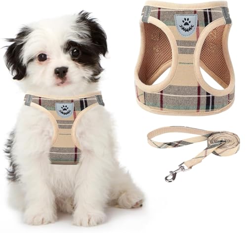 KOOLTAIL Dog Harness for Small Medium Dogs,Dog Harness and Leash Set, Step in No Pull Soft Mesh Padded Adjustable and Reflective Pet Vest Harness Puppy, Plaid Extra Harness for XS S Dogs, Beige XS