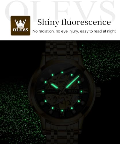 Image of OLEVS Men's Gold Skeleton Watch Automatic Mechanical self Winding Luxury Dress Stainless Steel Waterproof Luminous Wrist Watches