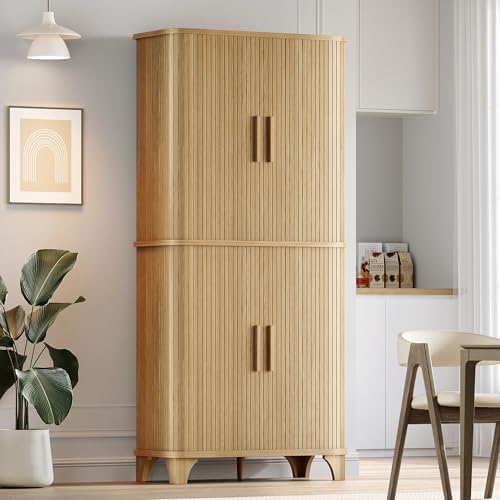 Decofy 69' Tall Kitchen Pantry Storage Cabinet with Sliding Door, Modern Curved Edge Pantry Storage Cabinet with 5 Shelves, Cupboard for The Kitchen, Dining Room, Bedroom, Living Room, Office (Oak)
