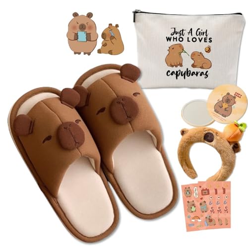 Cute Capybara House Slippers for Women Girls - Lined Cotton Memory Foam Comfort Wear Bedroom Slides, Kawaii Animals Christmas Gift, Capy Makeup Set includes Cosmetic Bag & Mirror & Headband & Stickers
