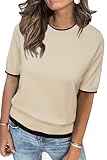 Arach&Cloz Women's Spring Short Sleeve Sweaters Cute Summer Tops 2025 Crew Neck Fashion Lightweight Ribbed Knit Color Block Pullover Dressy Casual Apricot S