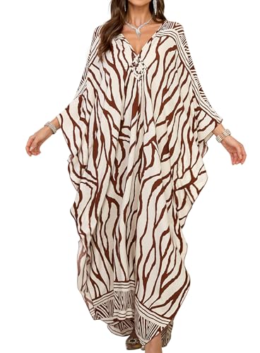 Yanziliu Women Kaftan Dresses Plus Size V-Neck Batwing Sleeves Beach Cover Up 2025 Summer Floral Print Caftan Dress