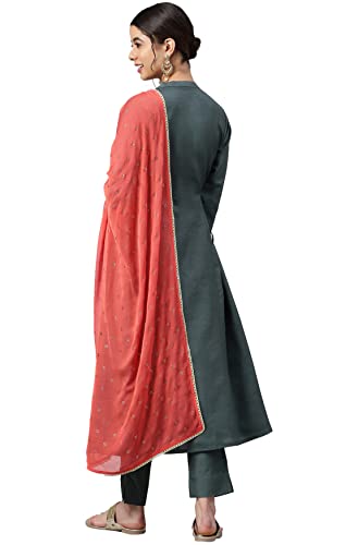 Image of Janasya Women's Dark Green Poly Silk Embellished Kurta with Pant and Dupatta