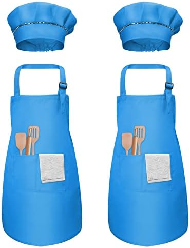2 Sets Kids Chef Hat and Apron Age 3-12, Adjustable Boy Girl Apron and Elastic Cooking Hat, Child Painting Aprons with 2 Large Pockets, Toddler Chef Hat Apron Set for Crafting Baking Kitchen BBQ