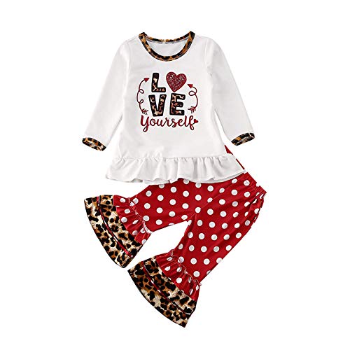 Newborn Toddler Baby Girl Valentine's Day Outfit Love Print Ruffle Top Shirt Leopard Polka Dot Flare Pant Clothes Set (White+Red,12-18 Months)
