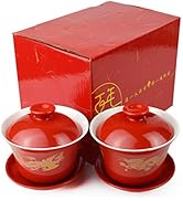 Gaiwan 2 Suits Porcelain Teacups 8oz Cups Chinese Dragon and Phoenix Cover Bowl Saucer Red tureen...