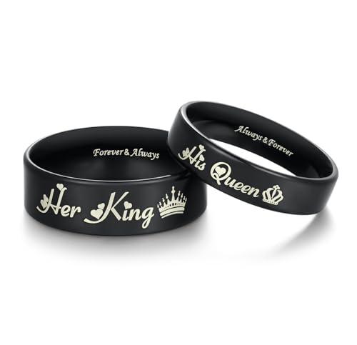 His Queen & Her King Matching Black Titanium Stainless Steel Rings for Couples - Romantic Gifts for Anniversary, Valentine's Day, and Weddings