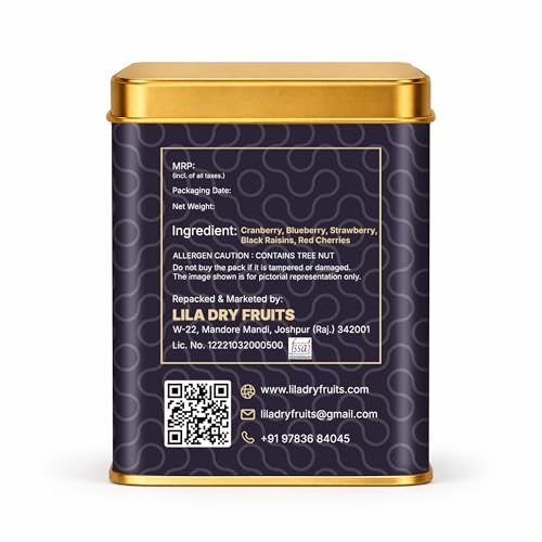 Image of LILA DRY FRUITS Berries Mix Medley 250 Grams with Cranberry Blueberry Strawberry Red Cherry & Black Raisins | Healthy Dried Fruit Mix for Snacking Baking Smoothies Trail Mix Perfect for Gifting
