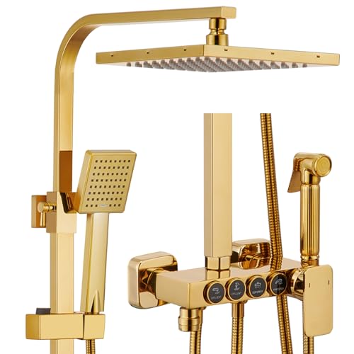 Columna de Ducha Dorado, Conjunto Columna de Ducha con Ducha de Lluvia de 22 cm, Ducha de Mano, Caño de Bañera, Pulverizador para Bidé, Sistema de Ducha Montaje en la Pared Altura Adjustable
