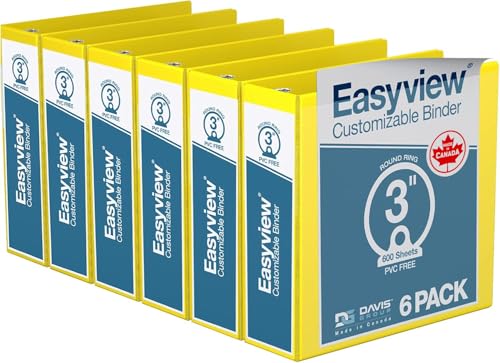Image of Easyview 3-Ring Binder, Clear-View Cover, 3 inch Round Rings, Yellow, 6 Pack