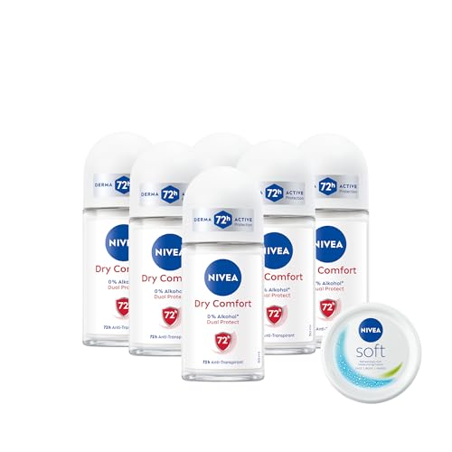 NIVEA Deodorante Roll On Dry Comfort 6 x 50 ml e Soft Mini crema corpo, viso e mani 25 g in omaggio, Cofanetto con deodorante donna e uomo e crema multiuso idratante – Kit Esclusiva Amazon