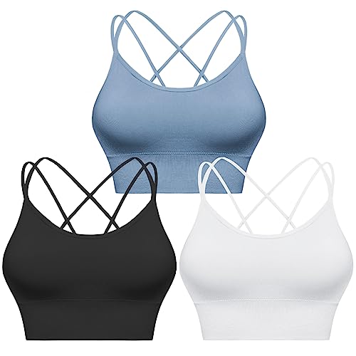 Sykooria Sport BH Damen Gepolstert Bustier Damen BH ohne Buegel Spaghettiträger Cross Back Design Push up BH Sport Bra Top für Yoga Fitness, Schwarz+Hellblau+Weiß M