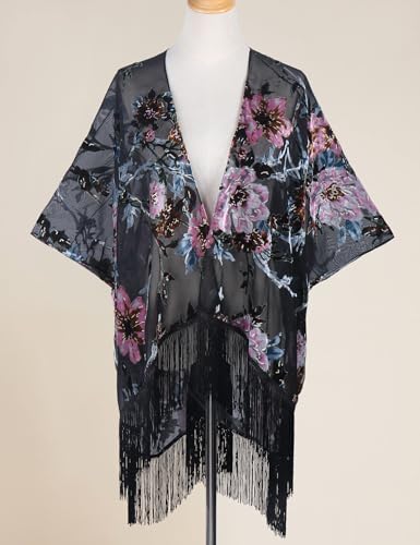 Image of MJ SERECA Women's Burnout Velvet Kimono Cardigan Cover Up with Tassel