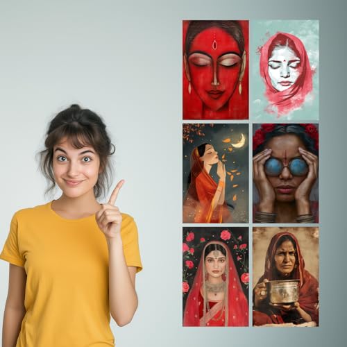 Image of SiddArtify Red and Teal Indian Women Art Print Set - 300GSM Board - 12x18 Inch - Pack of 6 Wall Room Decoration art Poster Prints