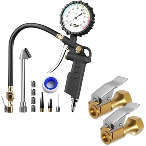 Tire Inflator with Pressure Gauge and Air Chuck for Tires, Heavy Duty Lock On Tire Inflator Chuck with Clip Cover