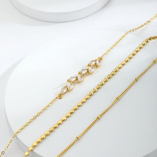 Image of Gold Ankle Bracelets for Women,14k Gold /Silver Plated Waterproof Layered lightweight Cuban Link Figaro Chain Heart anklet Bracelets Set Gold Anklets for women Trendy Jewelry Gift