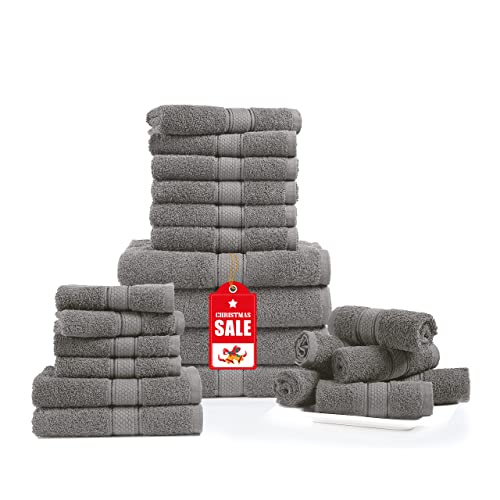 Bath Towels, 22 Piece, Towels for Bathroom - Granite Grey, 100% Cotton Bathroom Towels, 600 GSM, Soft, High Absorbent Spa Quality, Bath Towel Set, (4 Bath Towels, 6 Hand Towels, 12 Washcloths)