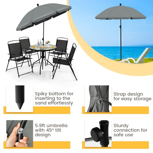 GIANTEX Ensemble de salle à manger de patio, ensemble de meubles de patio avec parasol, table à café avec plateau en verre trempé et 4 chaises pliantes pour l'extérieur, terrasse, cour, porche – Image 5