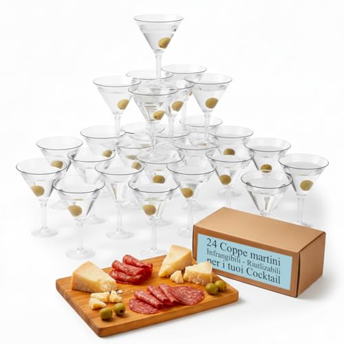 Garnet - 24 pz - Coppa Martini Plastica Economica Riutilizzabile – 29 cl (20 cl servizio) – Spessore 1,8 mm – Gambo Trasparente – Resa smontata salvaspazio (montaggio facile) (Gambo trasparente)