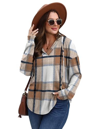 Sampeel Womens Tops Hooded Sweater Fall Fashion 2025 V Neck Hoodies Casual Tunic Winter Clothing Thanksgiving Shirts Brown Plaid M — view 3