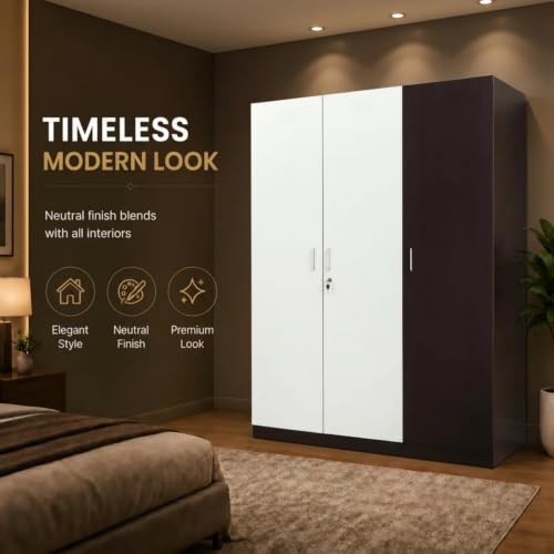 Image of GRATUS 3 Door Wardrobe - Compact Engineered Wood Cupboard Without Drawer for Clothes Storage, Modern Bedroom Organizer - 180 x 105.5 x 45 cm Wenga White