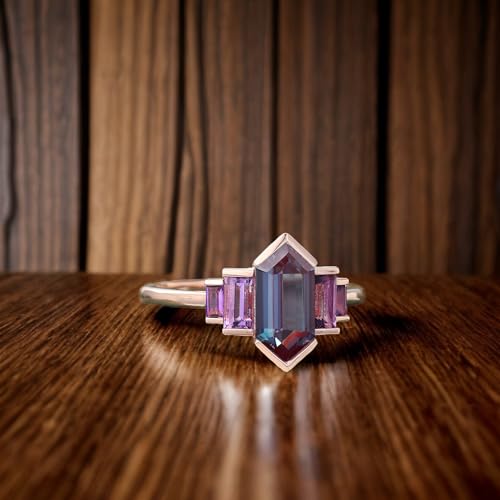 Vintage Long Hexagon Cut Alexandrite Engagement Ring Alexandrite Hexagon Ring for Women 10K/14K/18K Rose Gold Anniversary Ring Unique June Birthstone Wedding Bridal Gifts3