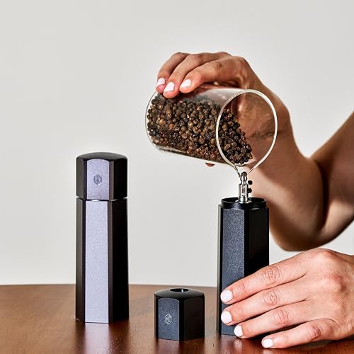 Image of HexClad HexMill Tabletop Salt and Pepper Grinder Set with Stand, 10 Adjustable Grind Settings, High-Efficiency Burr, Solid Milled Aluminum Build, Easy-Fill Cap, Convenient 5.25 inch Size for Tabletop Use