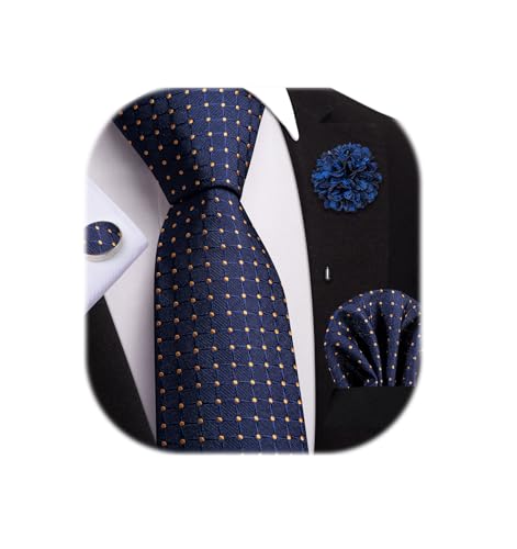 Dubulle Ties Men's Silk Lapel Pin Checks Necktie Pocket Square Cufflinks Set - Navy Blue, M