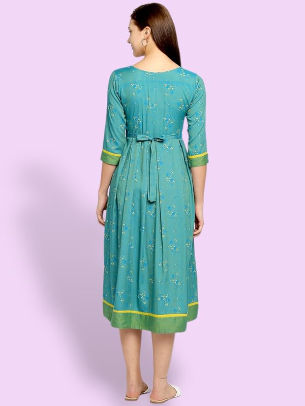 Image of DUMMY SHAPE Maternity Gown for Women | Feeding Flare Kurta with Dual Nursing Zippers for Pre & Post Partum | Maternity Dresses for Women Cotton (DS-MAT-P049-M, Turquoise)
