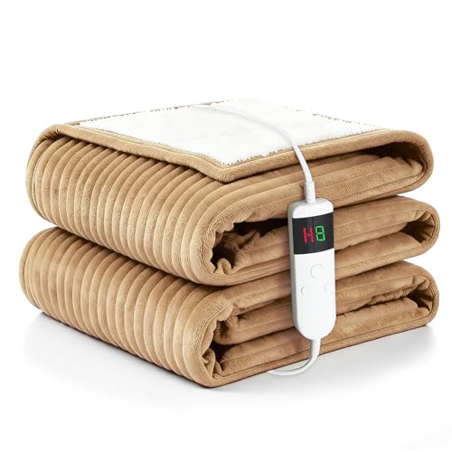 Image of Heated Blanket Electric Throw, Soft Flannel Heating Blanket with 8 Hours Auto Off 10 Fast Heating Levels Machine Washable Sherpa Heated Blanket with Overheating Protection