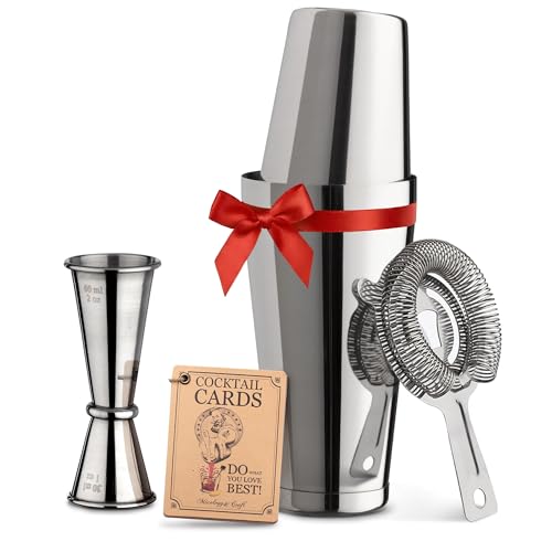 Mixology & Craft Boston Shaker Set with Weighted Martini Mixers, Strainer, Japanese Jigger, Leak-Proof Silver Finish, Exclusive Recipe Cards – Ideal Bar Tools Gift for Home Or Professional Use