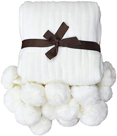 TEALP Pom Pom Blanket White Cotton Knitted Throw Blanket with Pom Poms (Cream White, 40''x60'')