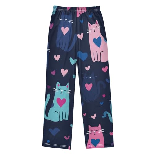 Colorful Cat Love Boys Long Pants Soft Trousers Elastic Waist Kids Lounge Bottoms with Pockets S-XL2