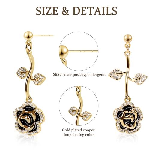 Black Rose Flower Dangle Earrings for Women, Copper plated in Gold with Sparkling Cubic Zirconia,S925 Sterling Silver post, lightweight fashionably Versatile drop earrings4